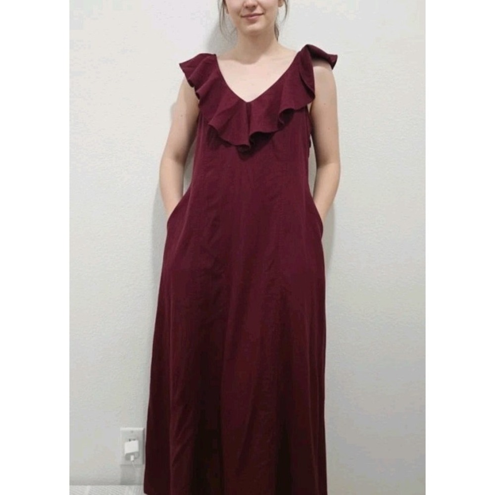 Universal Thread Women's Size L Maroon Ruffle V-Neck Maxi Dress Cotton Blend...
